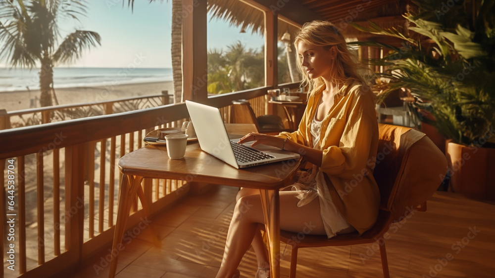Remote Worker with Laptop at Tranquil Beachside Café