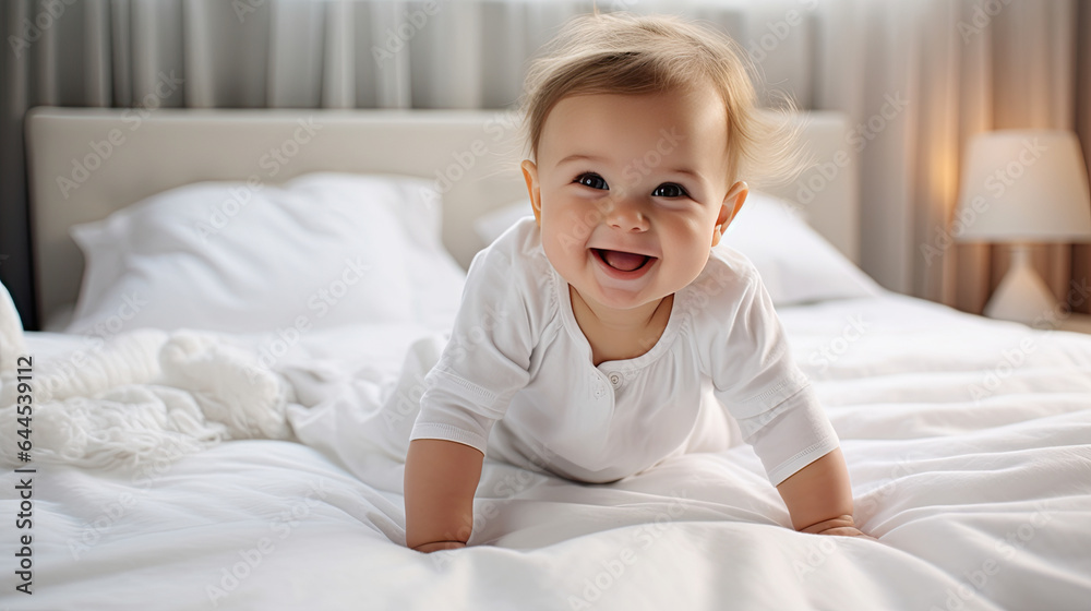 Portrait of a crawling baby on the bed in her room Portrait of a crawling baby on the bed in her room
