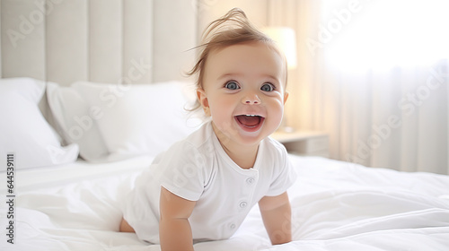 Portrait of a crawling baby on the bed in her room © Sasint