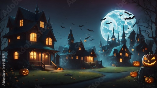 Halloween Spooky Background with Selective Focus and Copy Space Halloween Background with Scary Pumpkins Candles in The Graveyard at Night with A Castle Background AI Generative