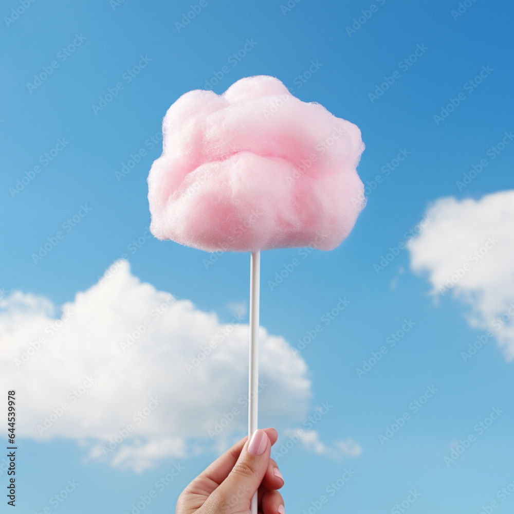 Summer Delight: Hand Holding Pink Cotton Candy under Blue Sky Summer Delight: Hand Holding Pink Cotton Candy under Blue Sky
