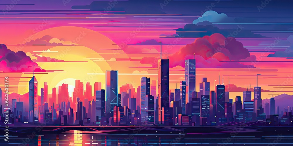 AI Generated. AI Generative. Vintage retro pink purple vaporwave synthwave city town buildings cityscape background at sunset. Graphic Art - obrazy, fototapety, plakaty 