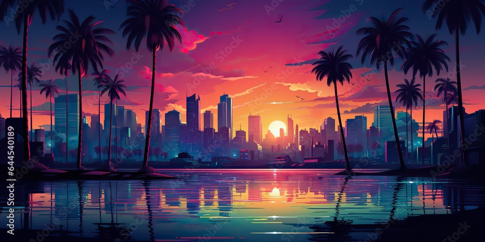 Obraz premium AI Generated. AI Generative. Vintage retro pink purple vaporwave synthwave city town buildings cityscape background at sunset. Can be used for graphic design inspiration