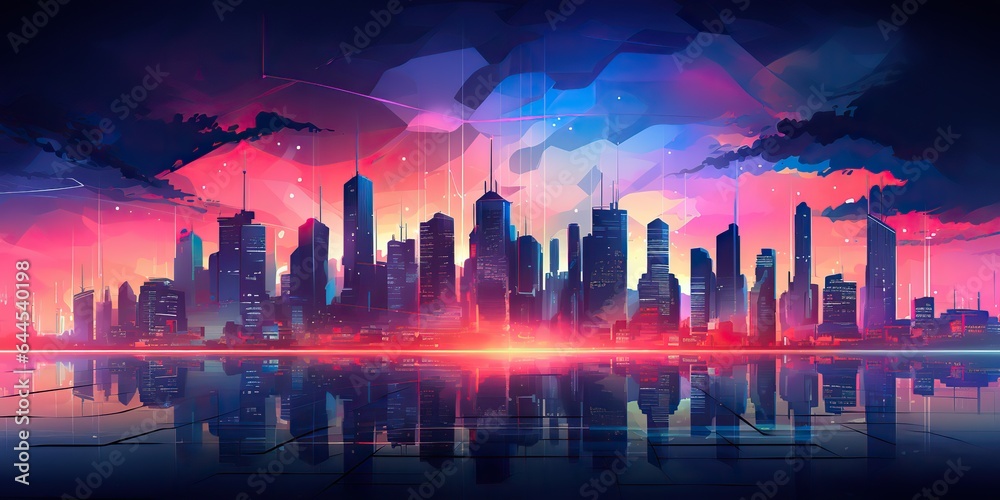 AI Generated. AI Generative. Vintage retro pink purple vaporwave synthwave city town buildings cityscape background at sunset. Can be used for graphic design inspiration