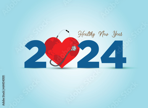 2023 new year Healthcare concept. Healthy new year- creative vector illustration for 2023 new year. Doctor stethoscope with smiling heart and blue background.