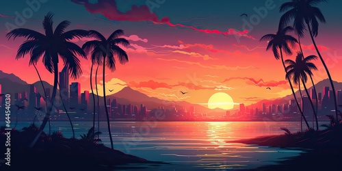 AI Generated. AI Generative. Vintage retro pink purple vaporwave synthwave city town buildings cityscape background at sunset. Graphic Art © AkimD