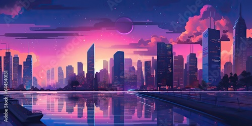 AI Generated. AI Generative. Vintage retro pink purple vaporwave synthwave city town buildings cityscape background at sunset. Graphic Art