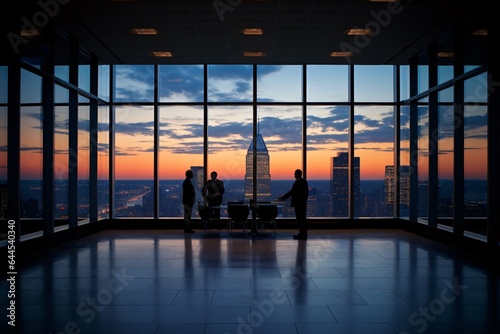 a high-rise corporate boardroom encased in floor-to-ceiling glass windows