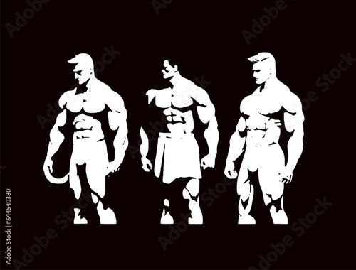 silhouettes of bodybuilders in contrasting light, logo template, isolated vector illustration.