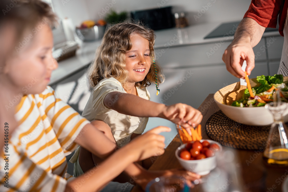 Beautiful kind family cooking healthy salad together in the kitchen at home Beautiful kind family cooking healthy salad together in the kitchen at home