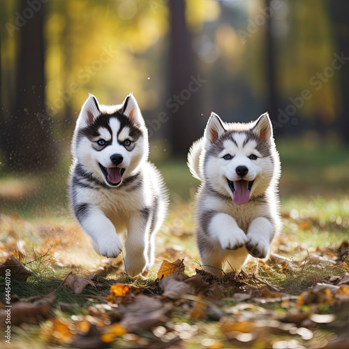 Husky puppies playing outside