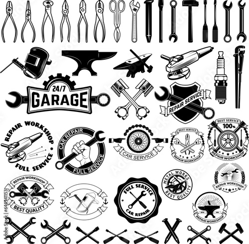 Set of repair, service workshop labels and design elements. Vector elements for logo, label, emblem, badge, sign.