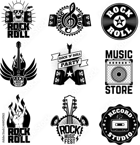 Set of rock music labels, badges and design elements. Design element for logo, label, emblem, sign. Vector design element