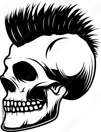 skull with mohawk hairstyle isolated on white background. Skulls with hair. Vector design element.