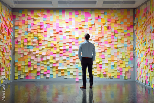 A picture of man standing in front of a wall covered in sticky notes, back view, creative concept of strategic business planning, organization of thinking. 