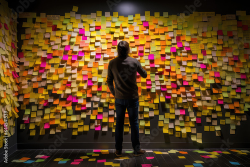 A picture of man standing in front of a wall covered in sticky notes, back view, creative concept of strategic business planning, organization of thinking. 