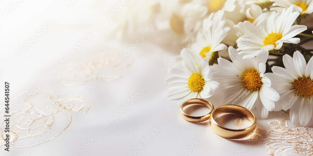 Wedding ring with daisy flowers, minimal banner template, top view, copy space. Wedding ring with daisy flowers, minimal banner template, top view, copy space.
