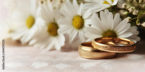 Wedding ring with daisy flowers  minimal banner template  top view  copy space. 