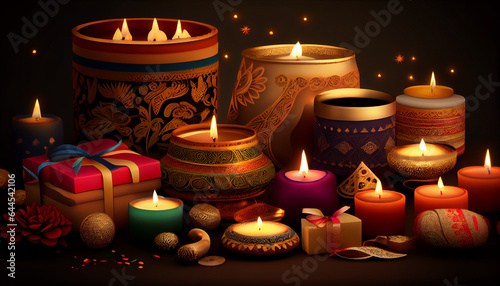 Diwali with candles and gift sets along with many other gifts, diwali realistic background, Ai generated image
