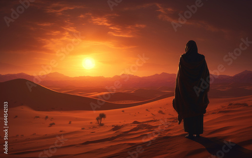 Arab man stands alone in the desert and watching the sunset