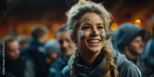 Hübsche junge Frau im Fußballstadion bei einer WM Meisterschaft jubelt vor Freude und Glück, ai generativ