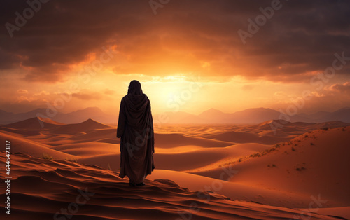 Arab man stands alone in the desert and watching the sunset