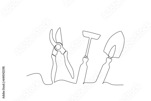 Three tools for gardening. Farm tools one-line drawing