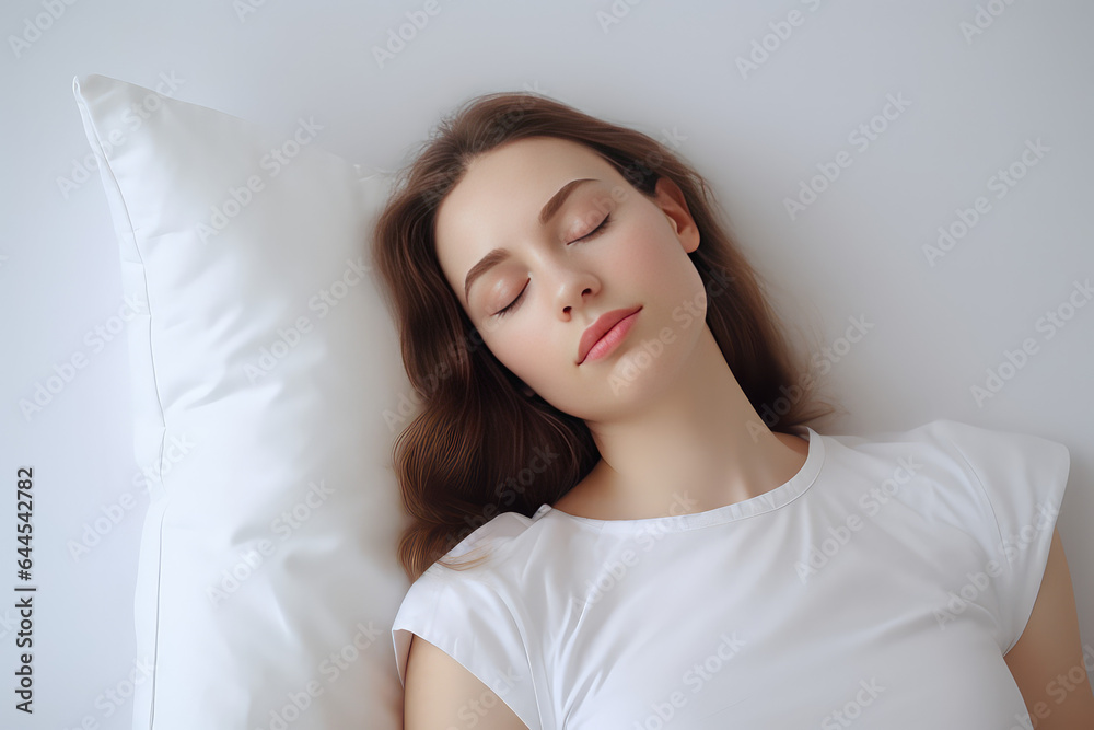 Young woman in white shirt sleeping on a white pillow, relaxed and comfortable concept, top view. Young woman in white shirt sleeping on a white pillow, relaxed and comfortable concept, top view.