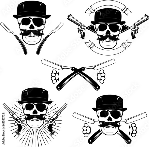 Set of  gangsta skulls isolated on white background. Design element for t-shirt print, poster, sticker. Vector illustration.