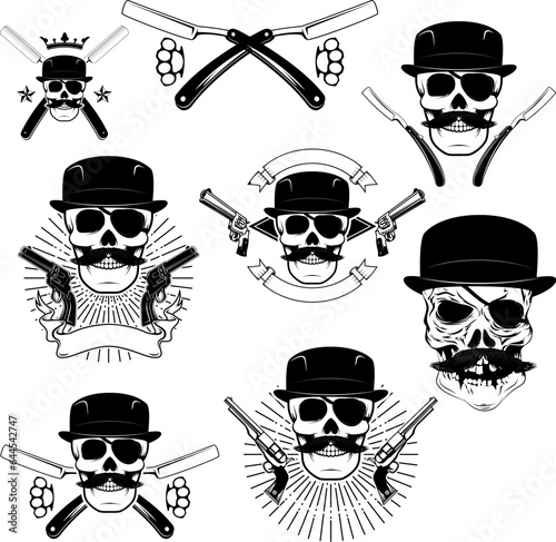 Set of  gangsta skulls isolated on white background. Design element for t-shirt print, poster, sticker. Vector illustration.