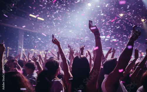 Close up photo of many party people dancing purple lights confetti flying everywhere nightclub event hands raised up wear shiny 