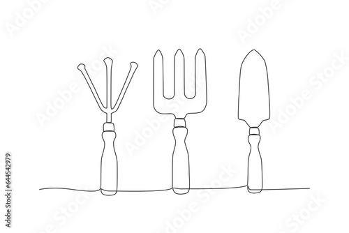 The gardening equipment. Farm tools one-line drawing
