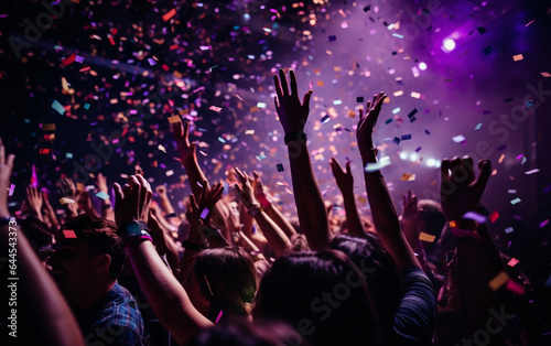 Close up photo of many party people dancing purple lights confetti flying everywhere nightclub event hands raised up wear shiny  © MUS_GRAPHIC