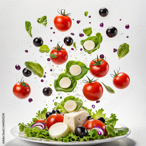 A white plate with salad and floating in the air ingredients: olives, lettuce, onion, tomato, mozzarella cheese, parsley, basil and olive oil. Vegetarian menu. Generative Ai. © SOLOTU