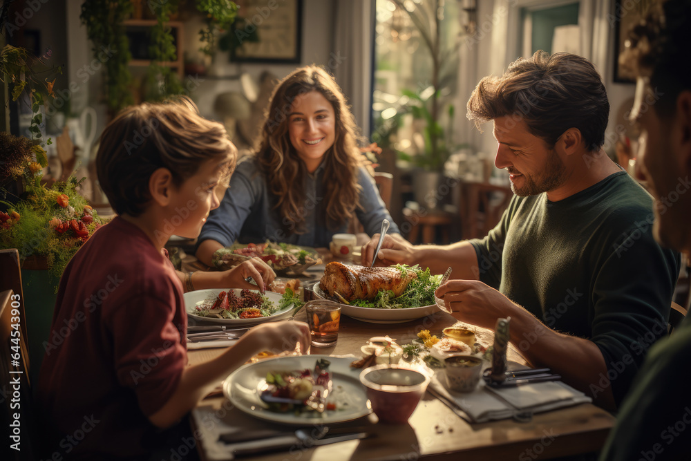 A family gathers around a dining table, feasting on a traditional holiday meal that has been passed down through generations. Generative Ai.