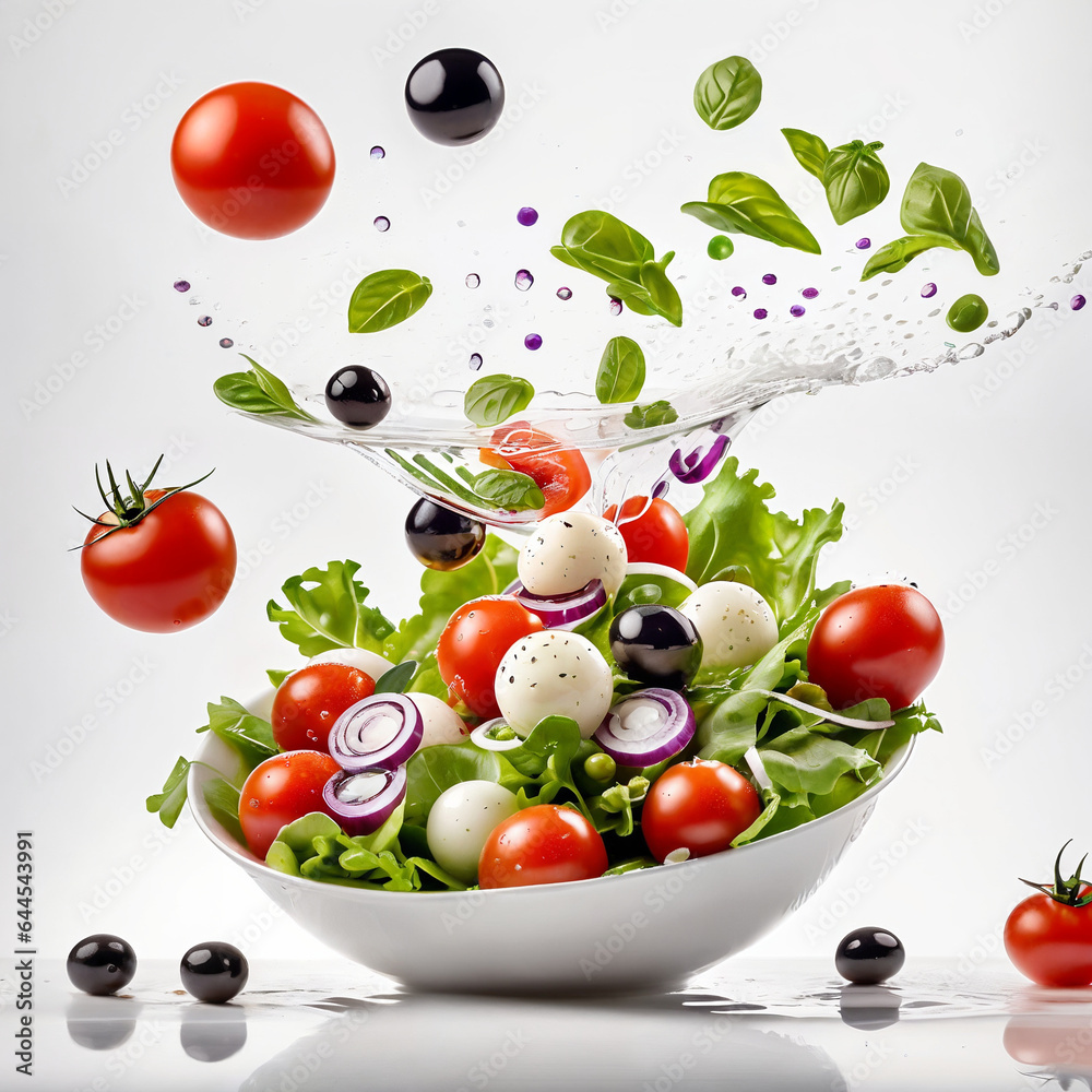 A white plate with salad and floating in the air ingredients: olives, lettuce, onion, tomato, mozzarella cheese, parsley, basil and olive oil. Vegetarian menu. Generative Ai.