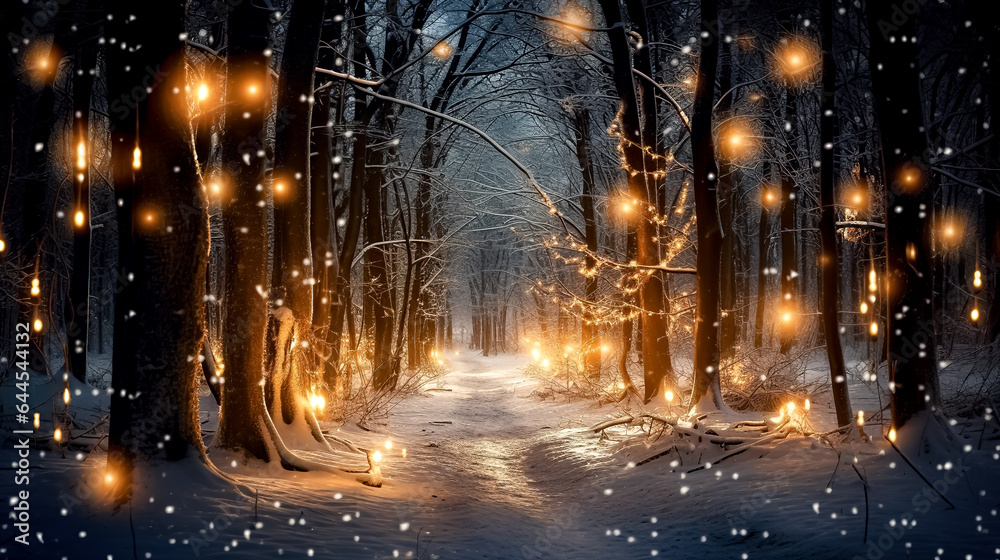 Footpath in a gloomy mysterious winter forest with magic lights - obrazy, fototapety, plakaty 
