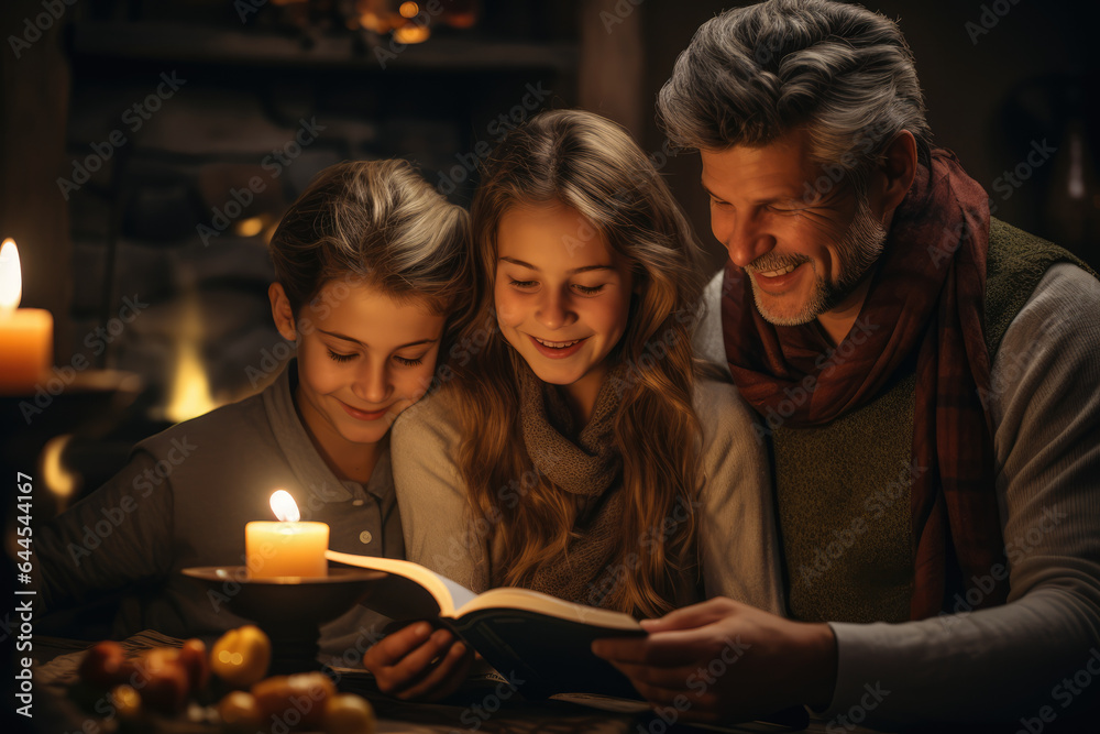 A person captures the cozy scene of family members reading holiday stories together by the fireplace, fostering a love for literature and togetherness. Generative Ai. A person captures the cozy scene of family members reading holiday stories together by the fireplace, fostering a love for literature and togetherness. Generative Ai.