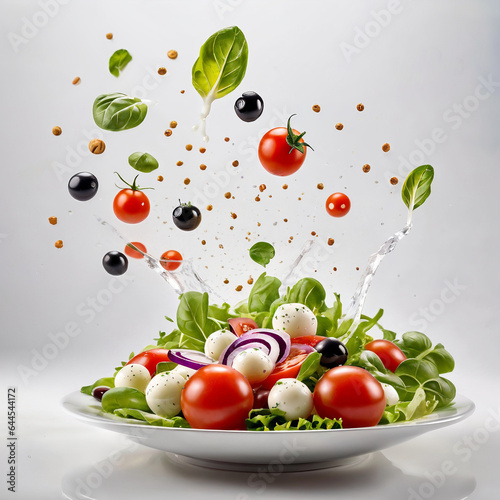 A white plate with salad and floating in the air ingredients: olives, lettuce, onion, tomato, mozzarella cheese, parsley, basil and olive oil. Vegetarian menu. Generative Ai.