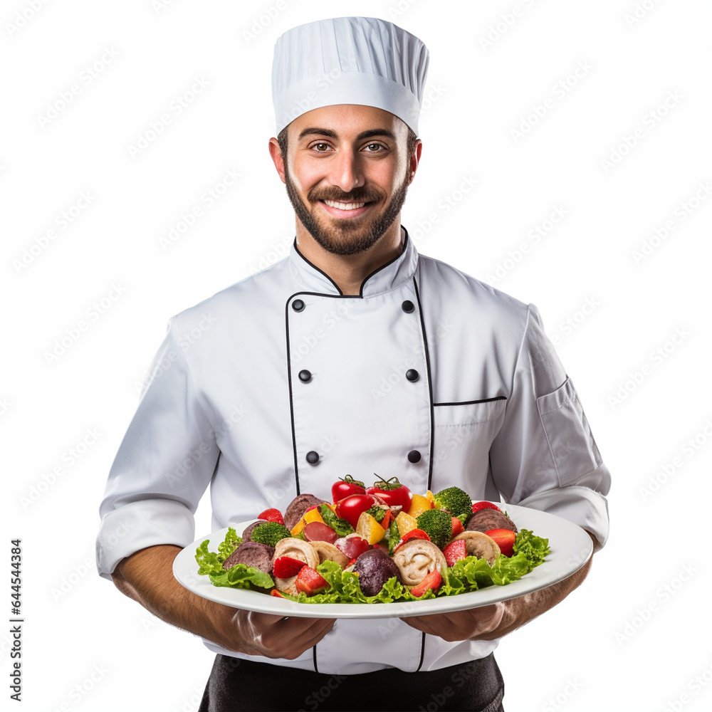 Photo of a chef proudly presenting a delicious plate of food white background Photo of a chef proudly presenting a delicious plate of food white background