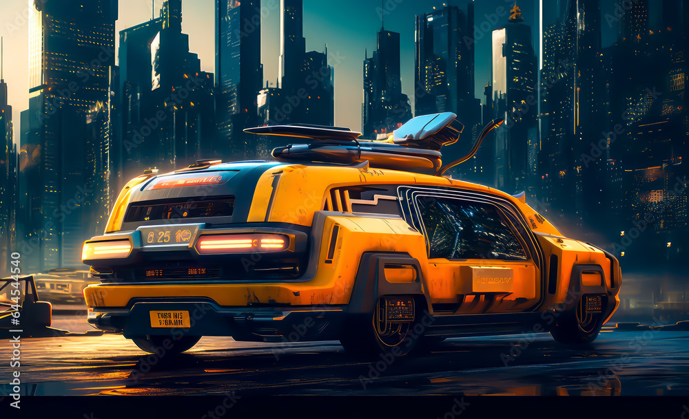 futuristic taxi cab with a view of the city background