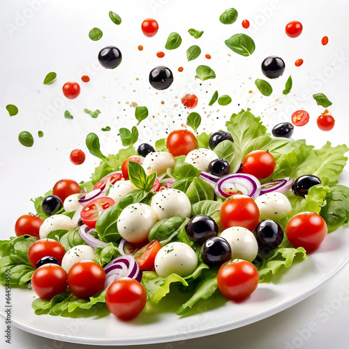 A white plate with salad and floating in the air ingredients: olives, lettuce, onion, tomato, mozzarella cheese, parsley, basil and olive oil. Vegetarian menu. Generative Ai.