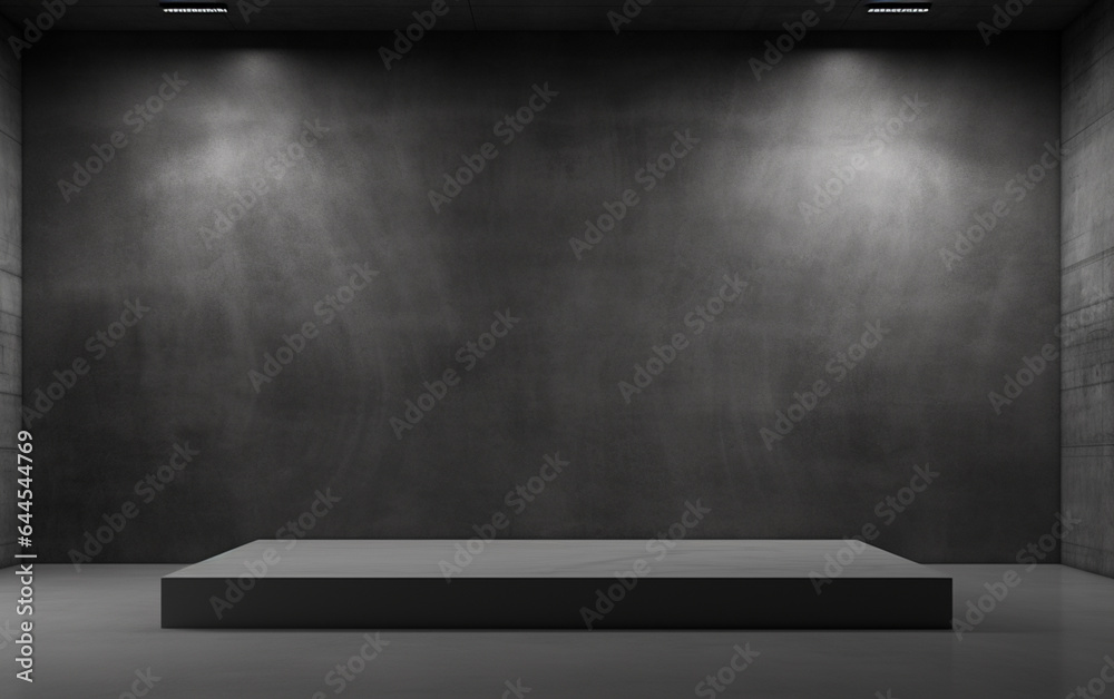 Obraz premium Dark grey concrete exhibition room interior with podium and empty mockup place. Mock up, 3D Rendering