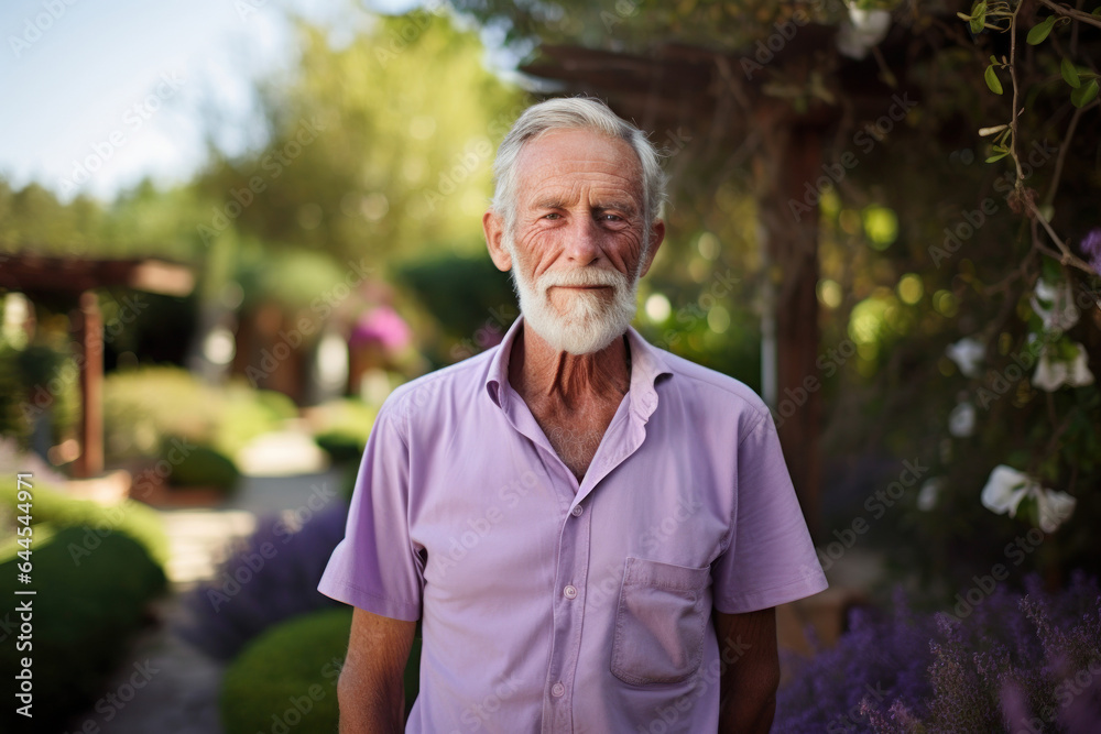older gentleman wears a lilac polo shirt and stands in a garden older gentleman wears a lilac polo shirt and stands in a garden