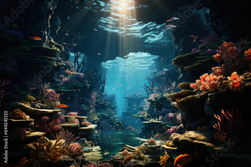 An underwater sanctuary teems with colorful fish and marine plants, showcasing the results of protected areas that promote biodiversity. Generative AI.