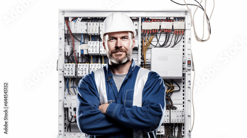 Photo of a man in a hard hat with electrical equipment in the background