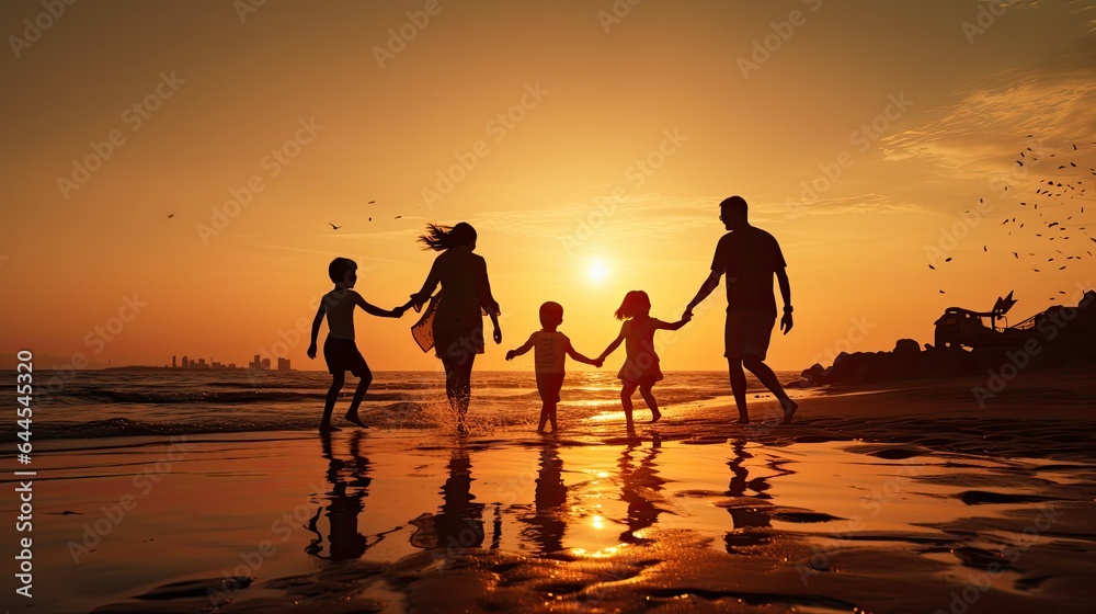Silhouetted Happy Asian Family Playing And Having Fun On The Beach At Sunset. Recreation, relax, holiday, vacant time..