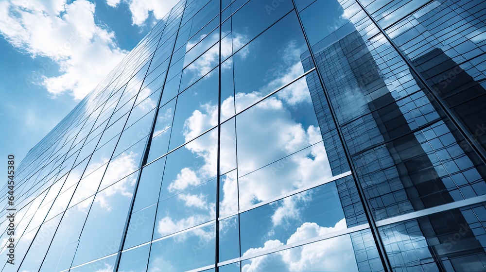 Modern office building or business center. High-rise window buildings made of glass reflect the clouds and the sunlight. empty street outside  wall modernity civilization. growing up business.