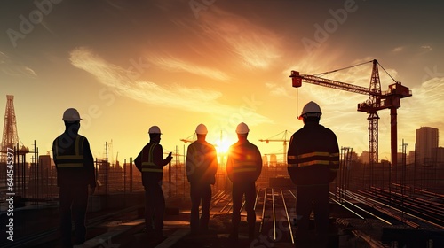 Silhouettes of Engineers and workers inspecting a project on a building site background, construction site at sunset