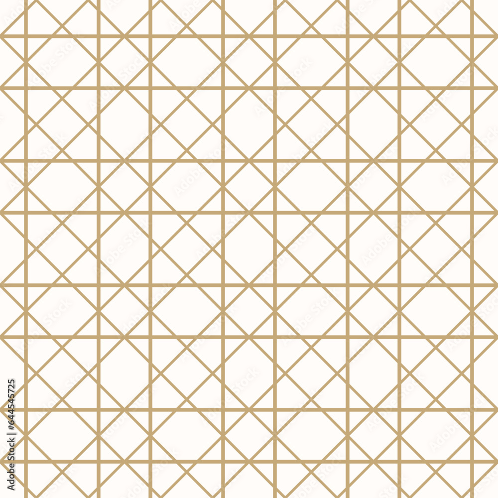 Golden square grid vector seamless pattern. Abstract linear geometric texture with thin diagonal, vertical and horizontal crossing lines, mesh, lattice, grill. Simple minimal gold and white background